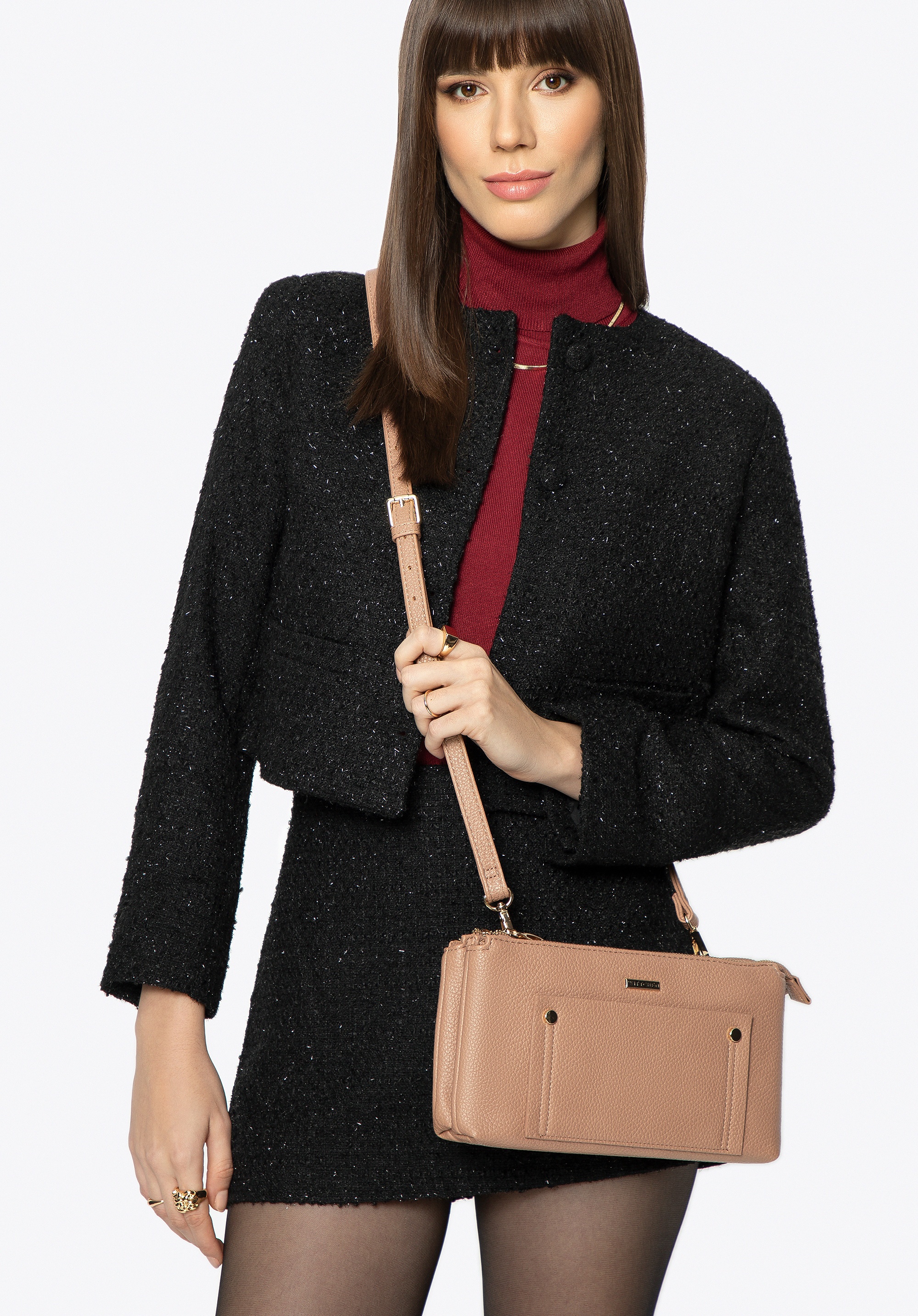 Damska crossbody dwukomorowa z kieszonką beżowa