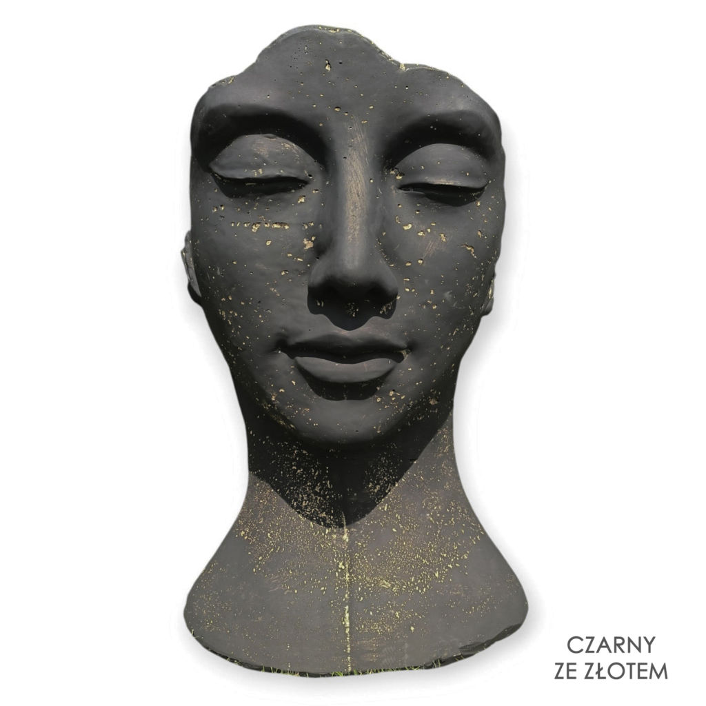 Rzeźba ogrodowa twarz kobiety 120cm XXL kolor czarny ze złotem, betonowa - imponująca dekoracja ogrodowa