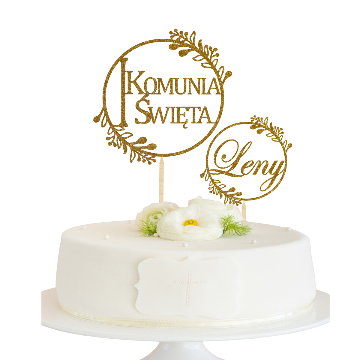 Topper na Komunię Świętą na bok tortu piker imię złoty zielony drewno boho zestaw