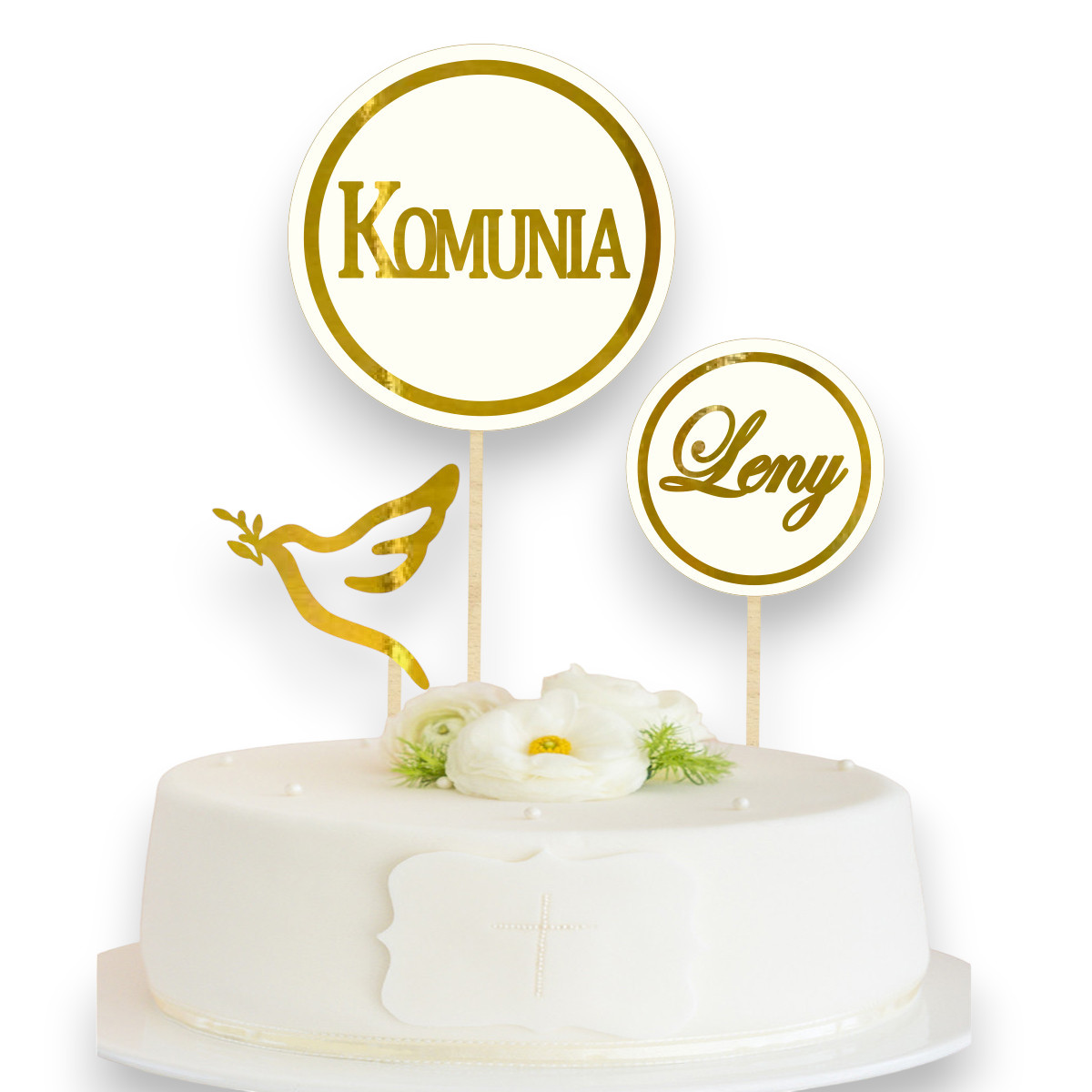Topper na Komunię Świętą na bok tortu piker imię napis gołąbek lustrzane złoto zestaw