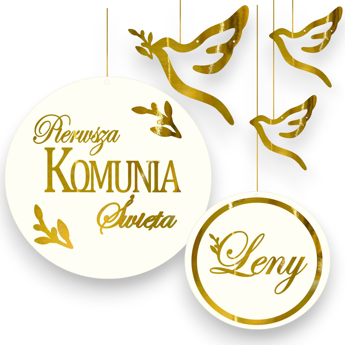 Baner na Komunię Świętą z imieniem koła, obręcze dekoracja ścianka Tablica komunijna złote lustro zestaw