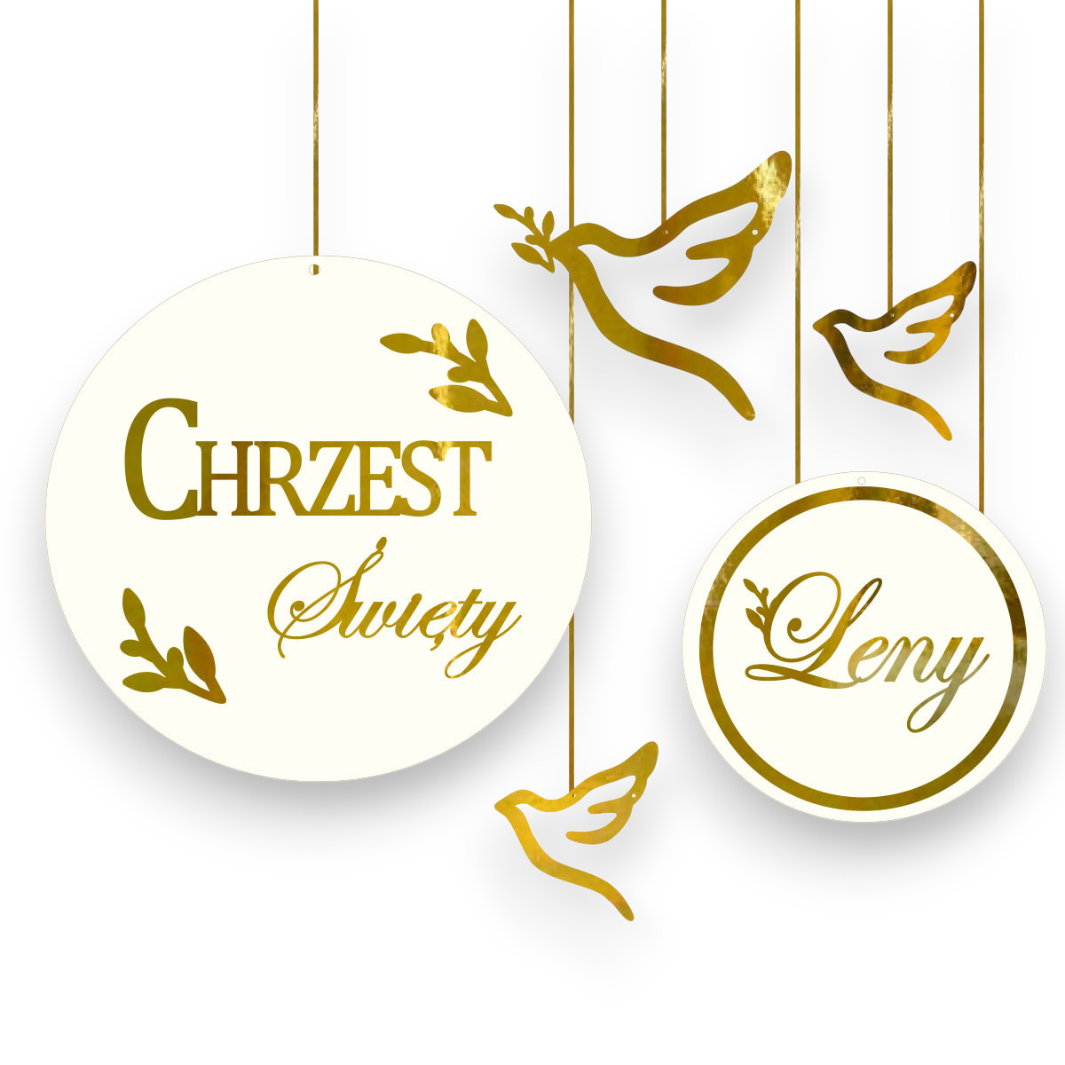 Baner na Chrzest Święty z imieniem koła, obręcze dekoracja ścianka Tablica złote lustro zestaw gołąbki