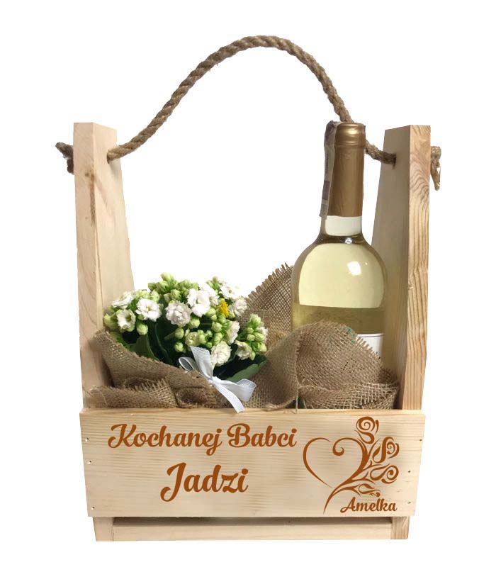 Prezent dla babci i dziadka nosidło doniczka na kwiaty piwo słodycze narzędzia skrzynka napis Imię GRAWER