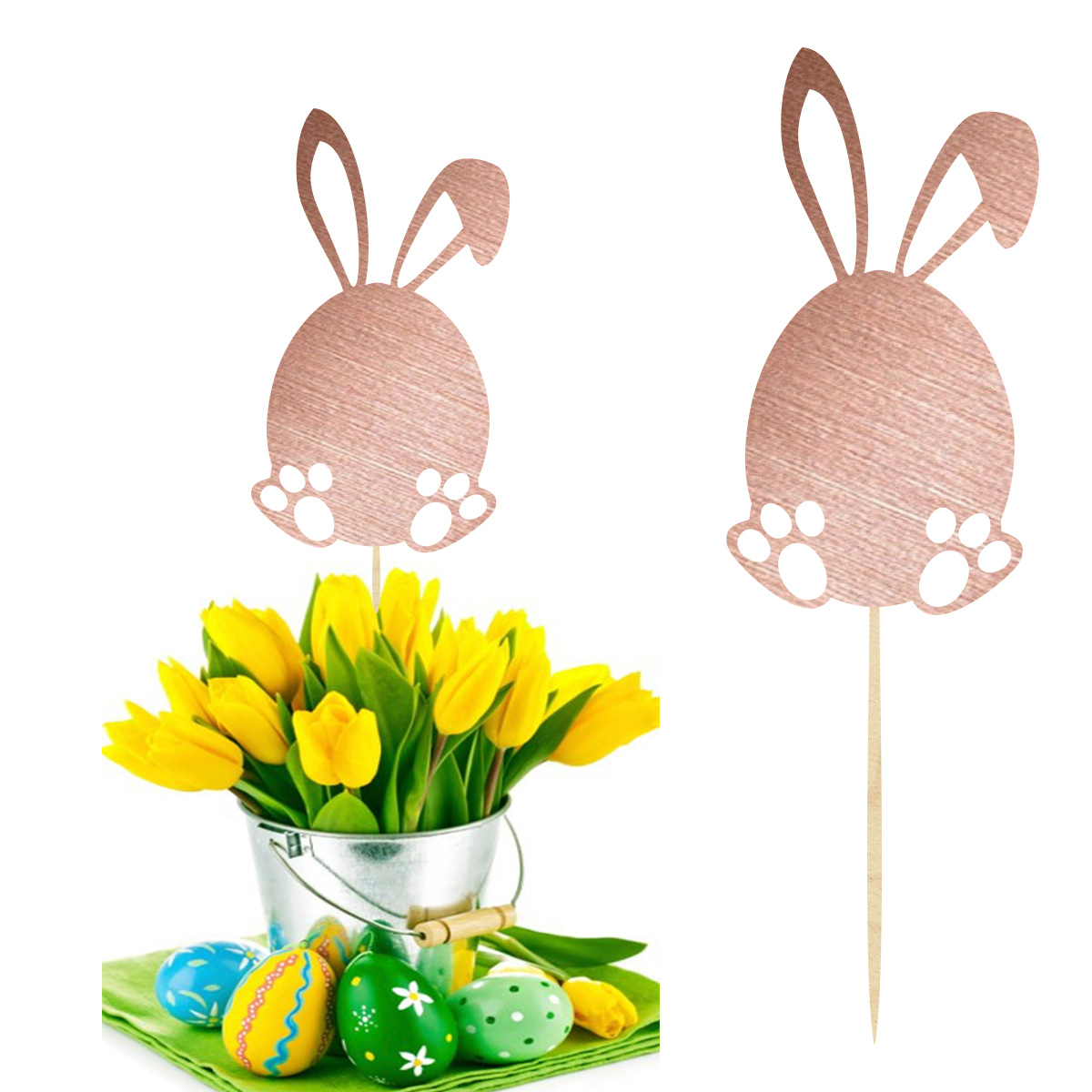 Topper dekoracja na bok pik wielkanocny króliczek jajko do prezentu, babeczki lub bukietu kwiatów różowe złoto lustro
