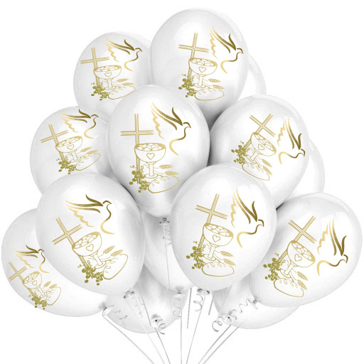 Balony komunijne na komunię z nadrukiem I Komunia Święta gołębica 10 szt. biało - złote