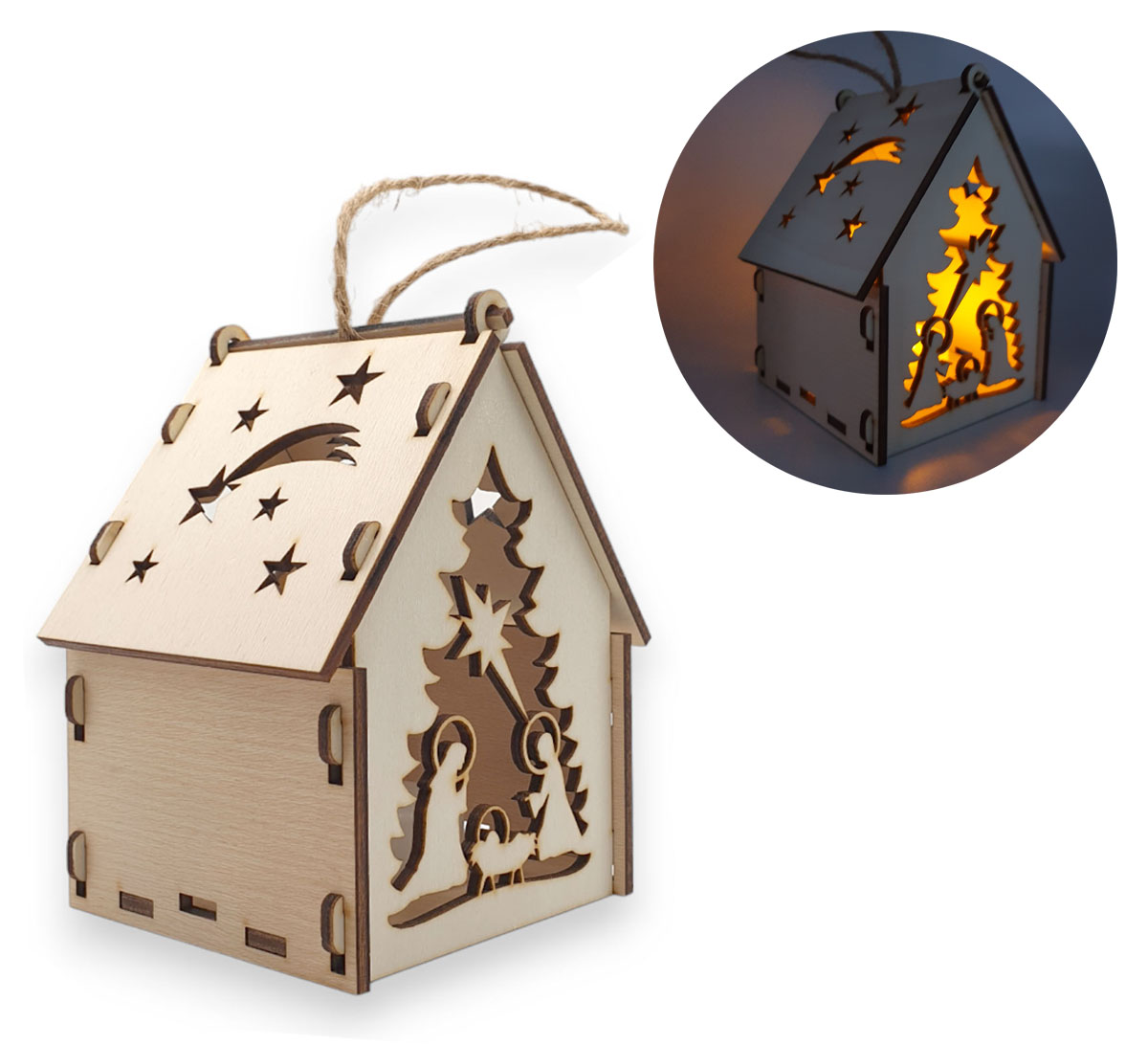 Lampion Adwentowy Drewniany domek na Roraty LED stajenka