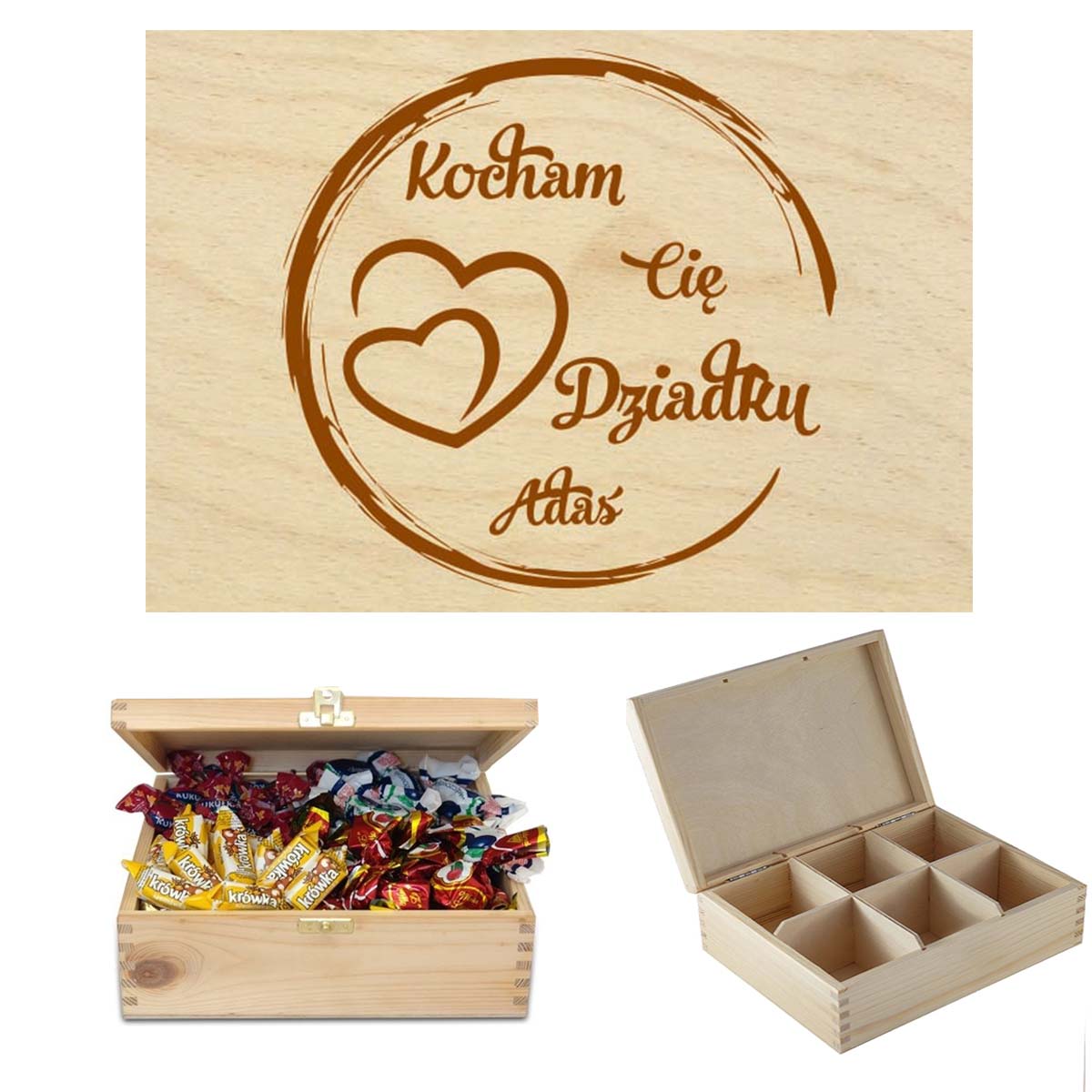 Prezent dla Dziadka drewniane pudełko na słodycze, czekoladki, cukierki, sprzęt wędkarski, niezbędnik na narzędzia, herbaciarka z grawerem Imię napis