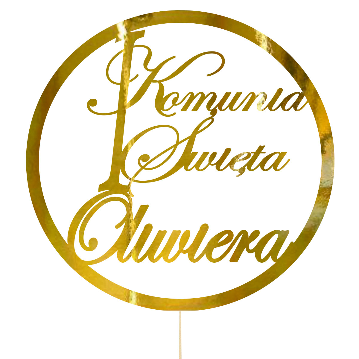 Topper dekoracja na bok tortu pik Pierwsza Komunia Święta złote lustro napis imię