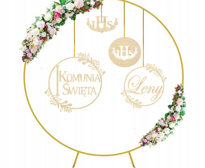 Baner na Komunię Świętą z imieniem koła, obręcze dekoracja ścianka Tablica komunijna drewniane zestaw