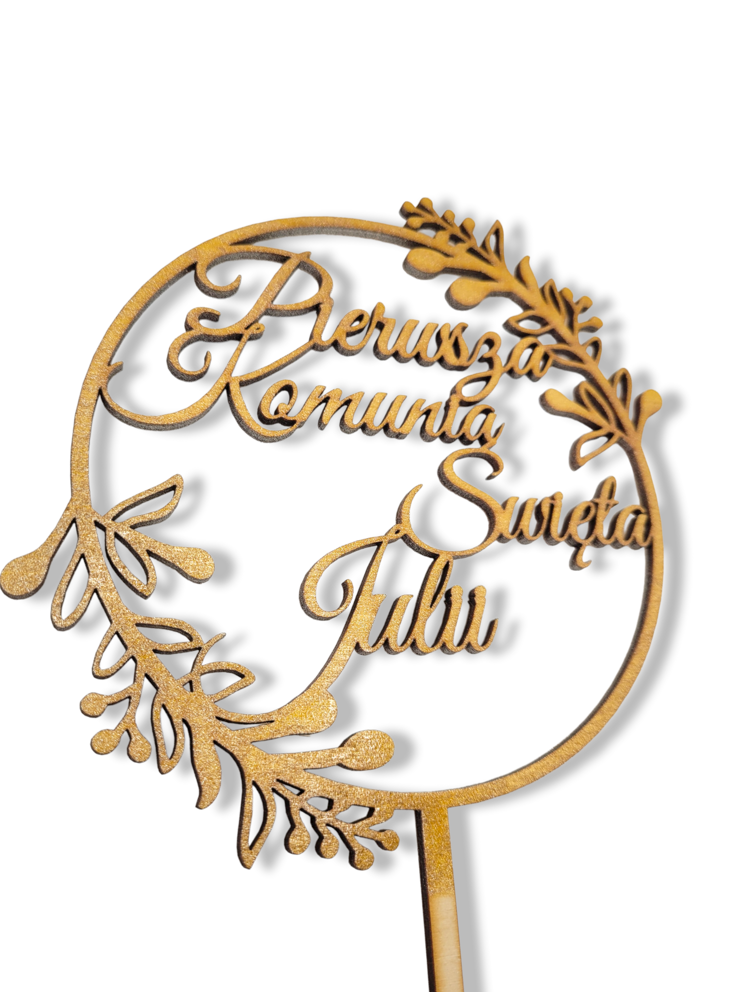 Topper napis drewniany złoty dekoracja na tort Pierwsza Komunia Święta z imieniem