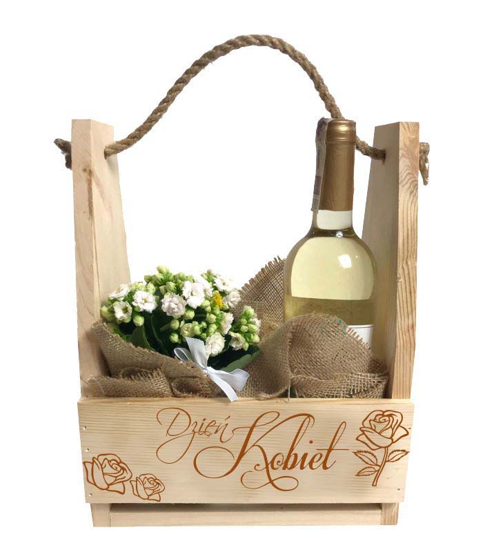 Prezent na Dzień Kobiet nosidło doniczka na kwiaty piwo słodycze narzędzia skrzynka napis Imię GRAWER