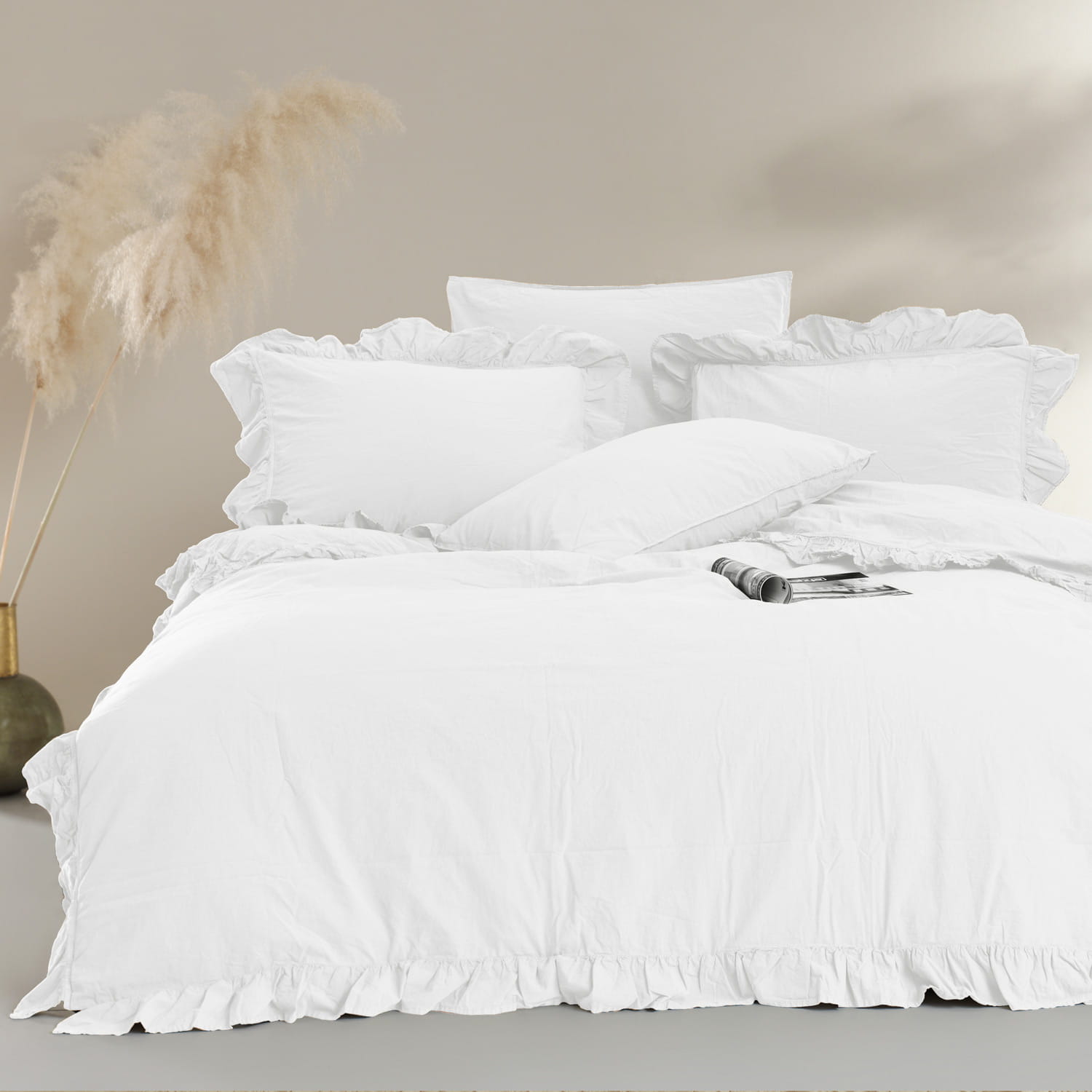 Komplet pościeli 160x200 NATURALNA BAWEŁNA EKO z falbanką optymalna biel