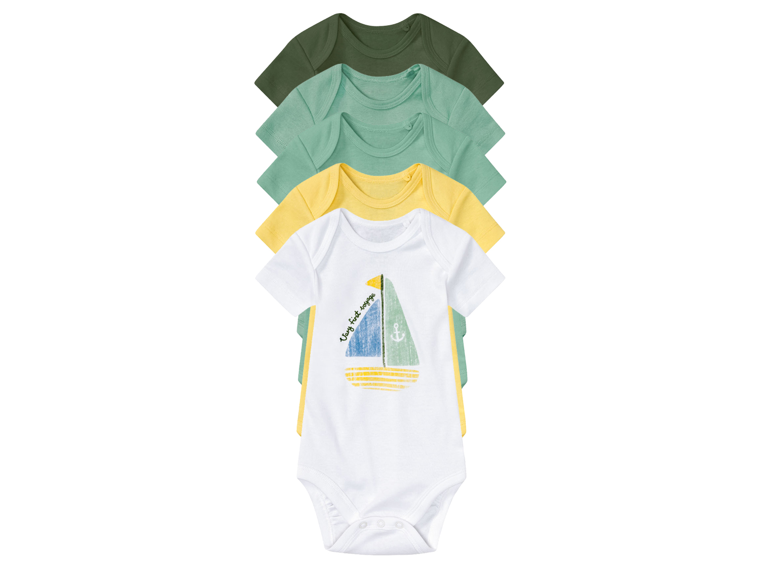 lupilu Body niemowlęce z biobawełny, 5 sztuk 62/68, Jasnozielony/ciemnozielony/żółty/biały