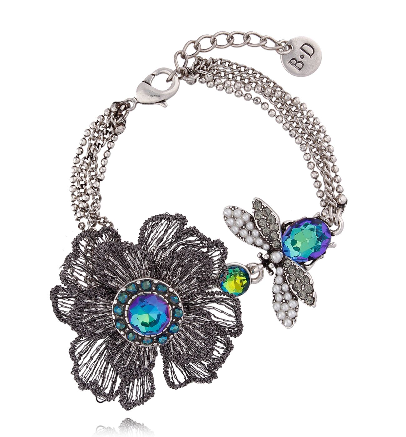 Bransoletka srebrna z kwiatem i owadem BMI0038