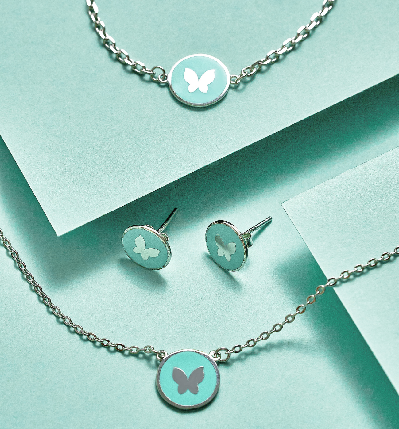 Zestaw srebrny z motylkiem i miętową emalią Candyland ZCA0003