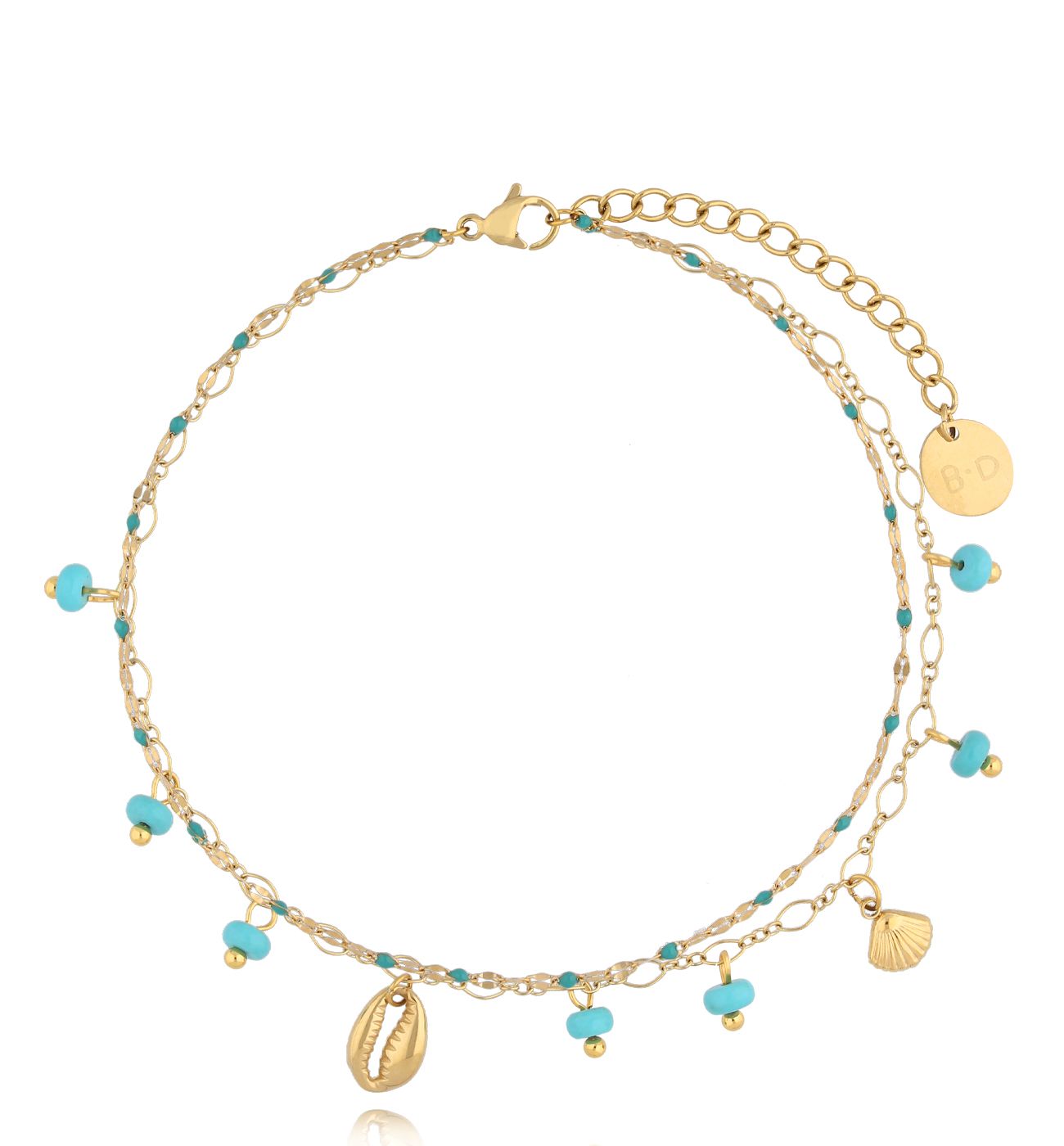 Bransoletka na nogę z turkusami i muszelką BNSY0023 - By Dziubeka