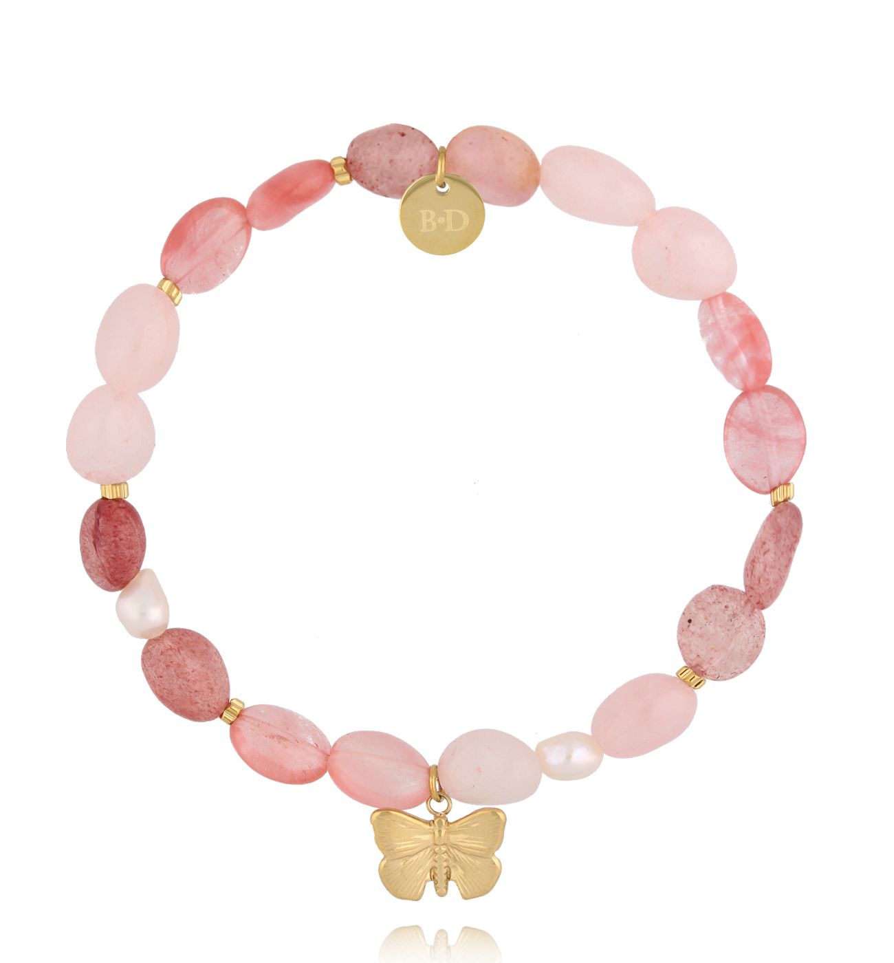 Bransoletka z różowych kamieni i zawieszką w kształcie motyla BSC2362