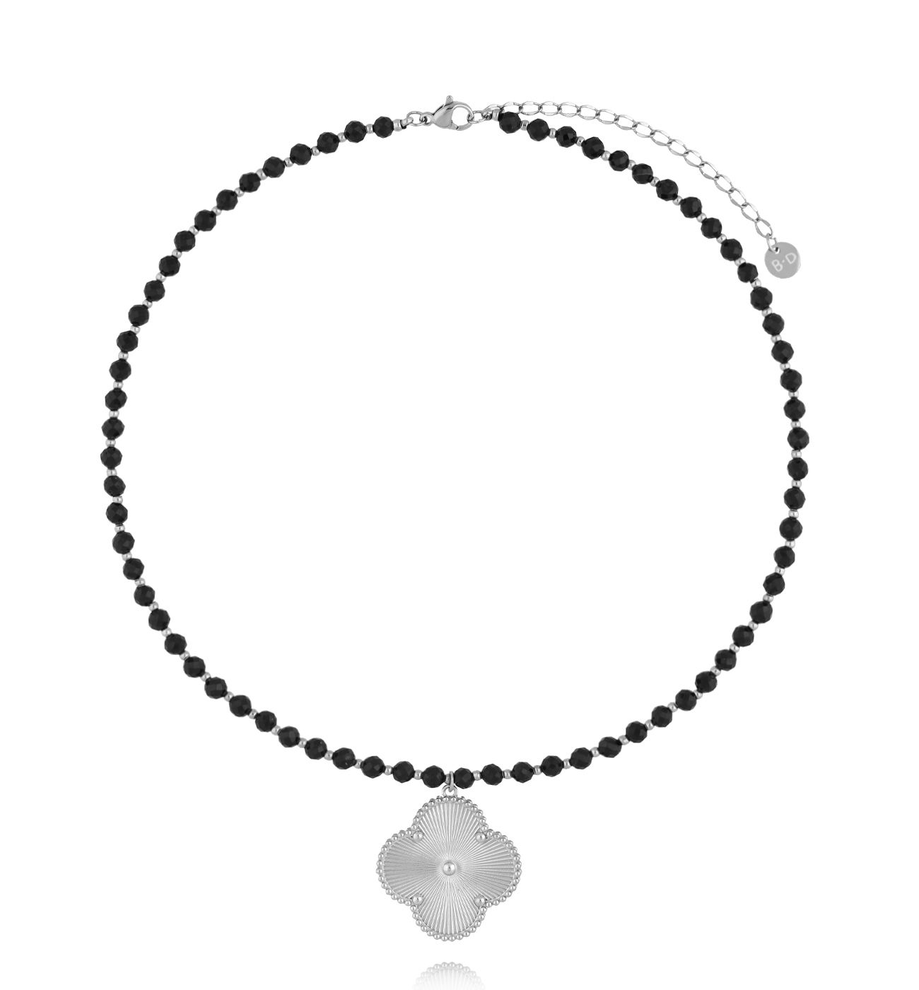 Naszyjnik z czarnymi turmalinami i srebrną koniczynką NSY0682 - By Dziubeka