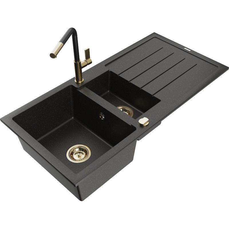 Zlewozmywak granitowy 1.5-komorowy Mexen Andres z ociekaczem i baterią kuchenną Flora czarny/złoty 6515-75-670401-57-G