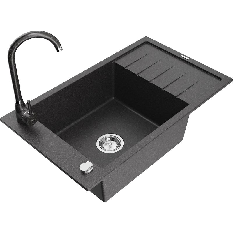 Zlewozmywak granitowy 1-komorowy Mexen Elias z ociekaczem i baterią kuchenną Telma czarny nakrapiany - 6511-76-670200-50 1 szt.