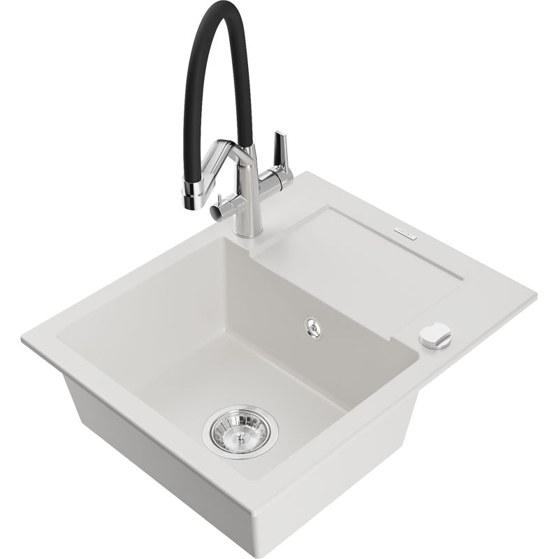 Zlewozmywak granitowy 1-komorowy Mexen Enzo z ociekaczem i baterią kuchenną Duo biały 6506-20-671701-07