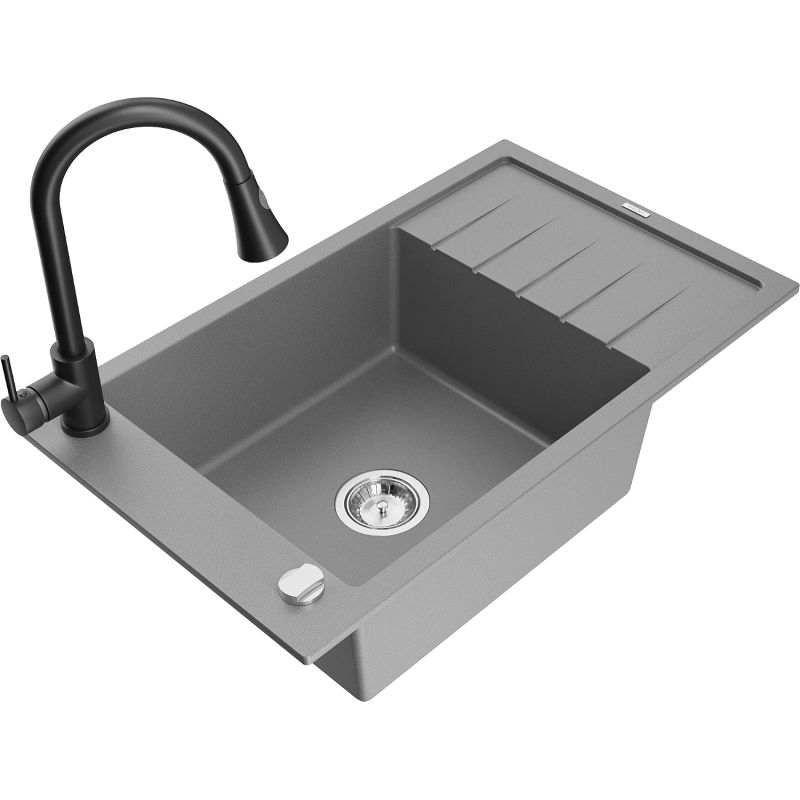 Zlewozmywak granitowy 1-komorowy Mexen Elias z ociekaczem i baterią kuchenną Elia szary 6511-71-670101-70