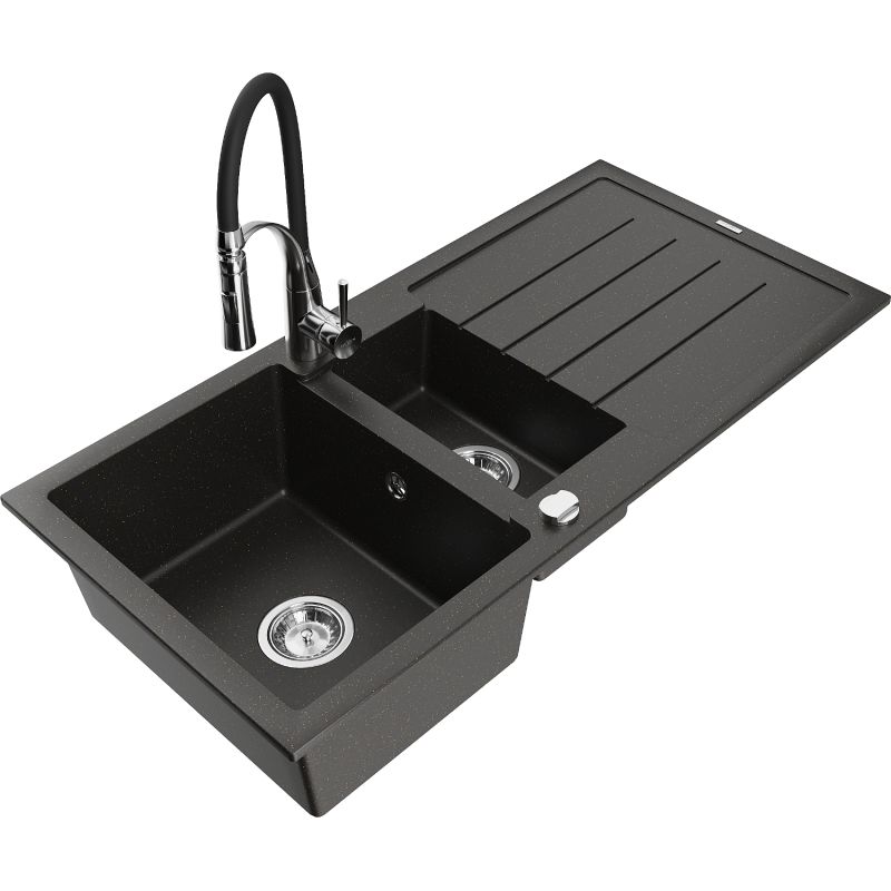 Zlewozmywak granitowy 1.5-komorowy Mexen Andres z ociekaczem i baterią kuchenną Aster czarny/złoty metalik 6515-75-73450-07