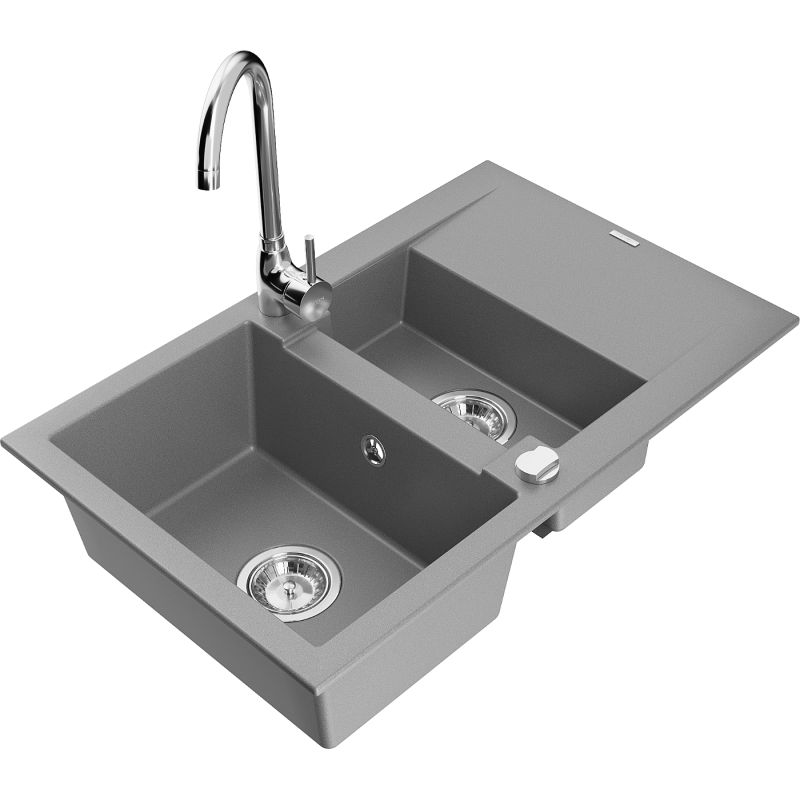 Zlewozmywak granitowy 1.5-komorowy Mexen Gaspar z ociekaczem i baterią kuchenną Telma szary 6507-71-670200-00