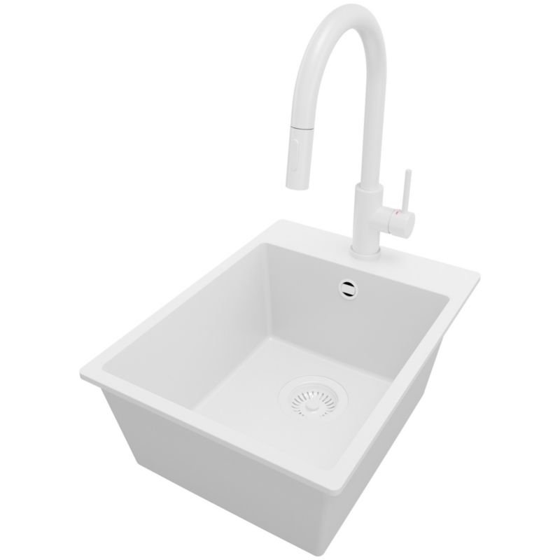 Zlewozmywak Granitowy Ryga PRIMAGRAN Nablatowy 38x50cm do szafki od 40cm, Cały Biały + Bateria 40x20cm + Syfon, S056, 1 szt.