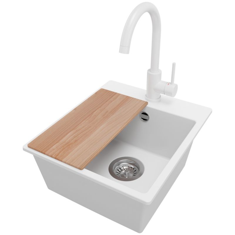 Zlewozmywak Granitowy Ryga Easy PRIMAGRAN Nablatowy 38x44cm do szafki od 40cm z Syfonem i Baterią i Dodatkiem Biały 1 szt.