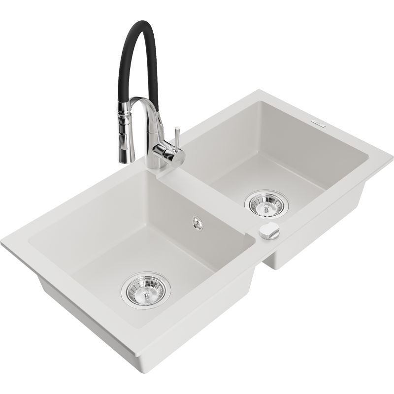 Zlewozmywak granitowy 2-komorowy Mexen Mario z baterią kuchenną Aster biały - 6504-20-73450-70-B 1 szt.