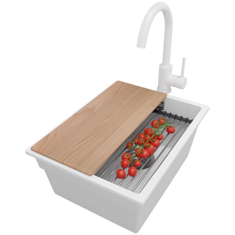 Zlewozmywak Granitowy Praga Slim PRIMAGRAN Nablatowy 36x47cm do szafki od 40cm z Syfonem i Baterią i Dodatkiem Biały 1 szt.