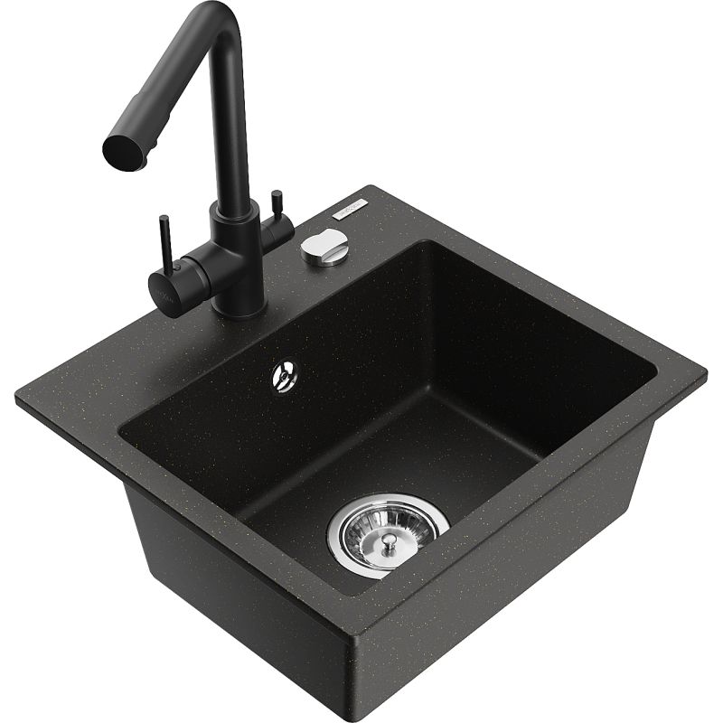 Zlewozmywak granitowy 1-komorowy Mexen Milo z baterią kuchenną Duero szary - 6505-71-671600-71 1 szt.