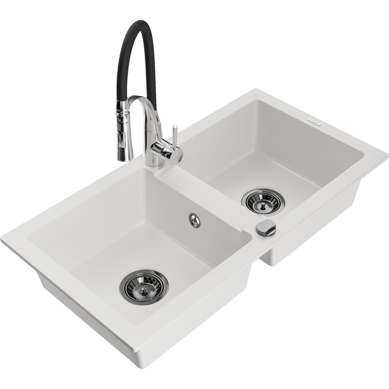 Zlewozmywak granitowy 2-komorowy Mexen Mario z baterią kuchenną Aster biały 6504-20-73450-07-B