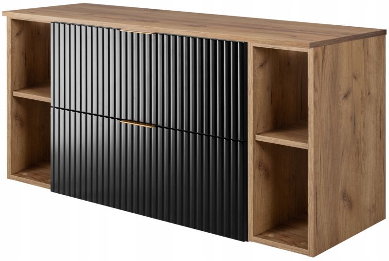 Szafka łazienkowa Furnidea 120 cm wisząca czarna z blatem i regałami dąb craft złoty Flow 1 szt.