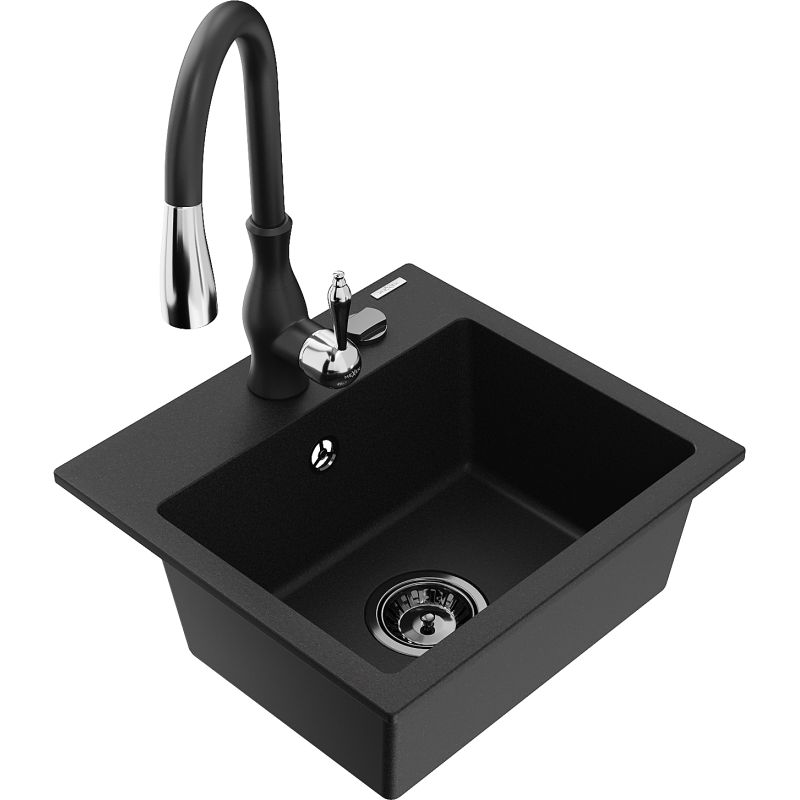 Zlewozmywak granitowy 1-komorowy Mexen Milo z baterią kuchenną Savita czarny - 6505-77-672601-50-B 1 szt.