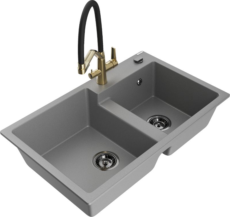 Zlewozmywak granitowy Mexen Tomas 2-komorowy z baterią kuchenną Duo szary - 6516-71-671701-57-G 1 szt.