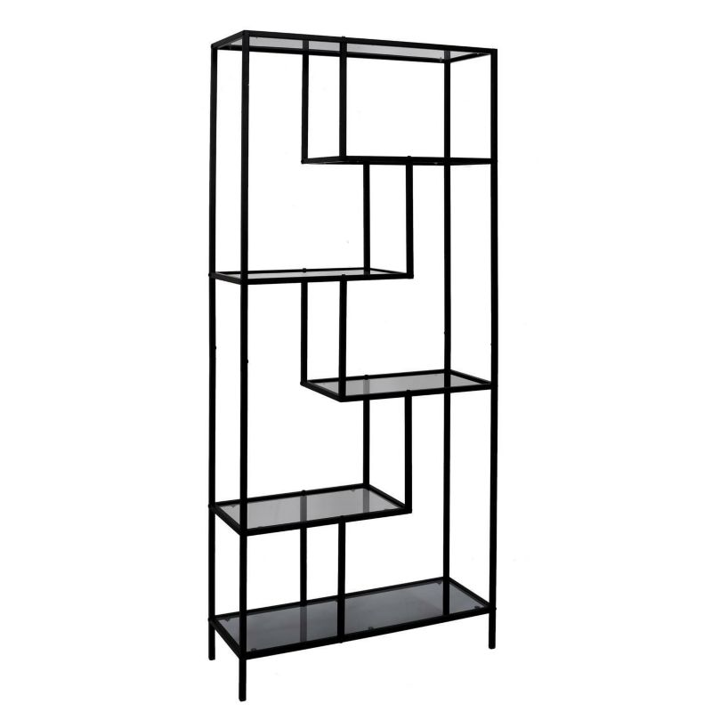 Regał na książki Edison INTESI czarny metalowy industrialny z półkami szklanymi 180 cm 1 szt.