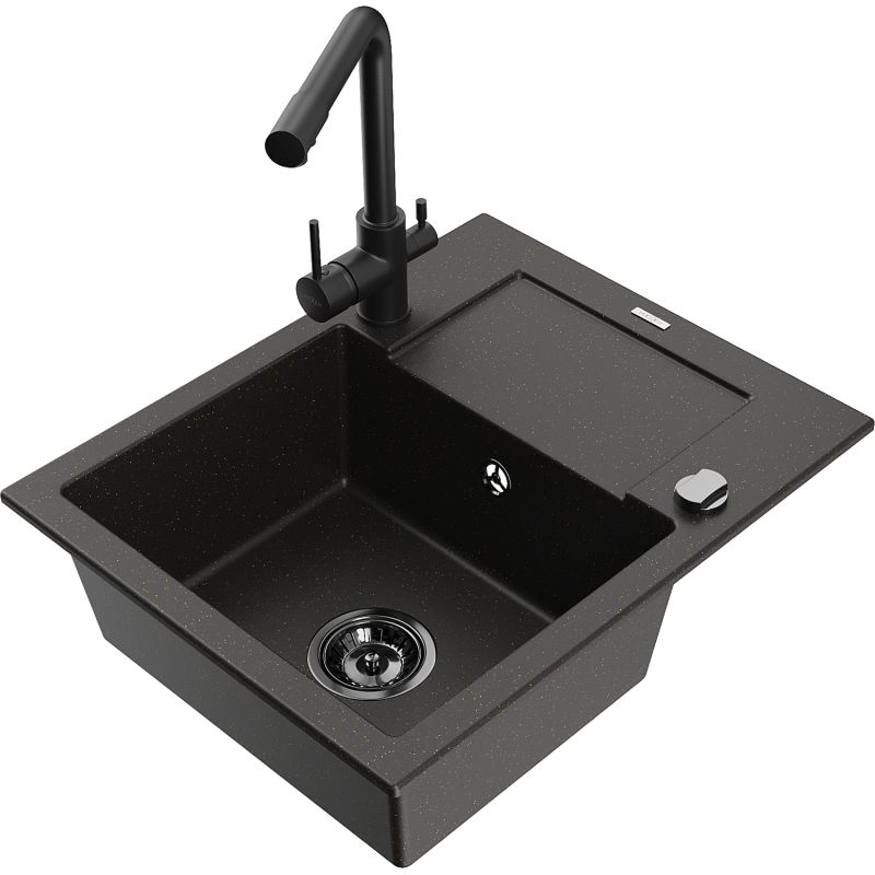 Zlewozmywak granitowy 1-komorowy Mexen Enzo z ociekaczem i baterią kuchenną Duero czarny/złoty metalik 6506-75-671600-70-B