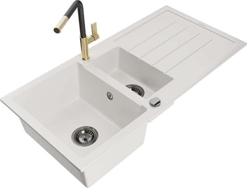 Zlewozmywak granitowy Mexen Andres 1,5-komorowy z ociekaczem i baterią kuchenną Flora biały 6515-20-670401-57-B