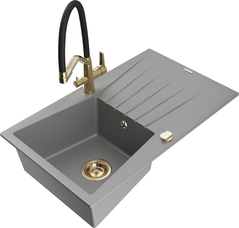 Zlewozmywak granitowy Mexen Cesar 1-komorowy z ociekaczem i baterią kuchenną Duo szary - 6514-71-671701-57-B 1 szt.