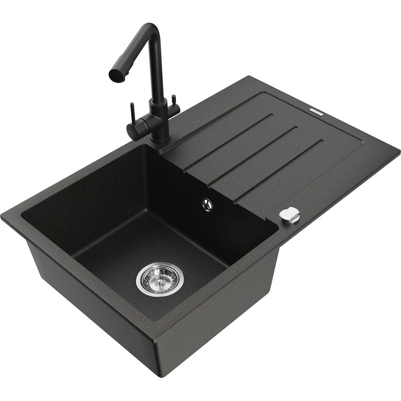 Zlewozmywak granitowy 1-komorowy Mexen Bruno z ociekaczem i baterią kuchenną Duo biały - 6513-20-671701-70-B 1 szt.