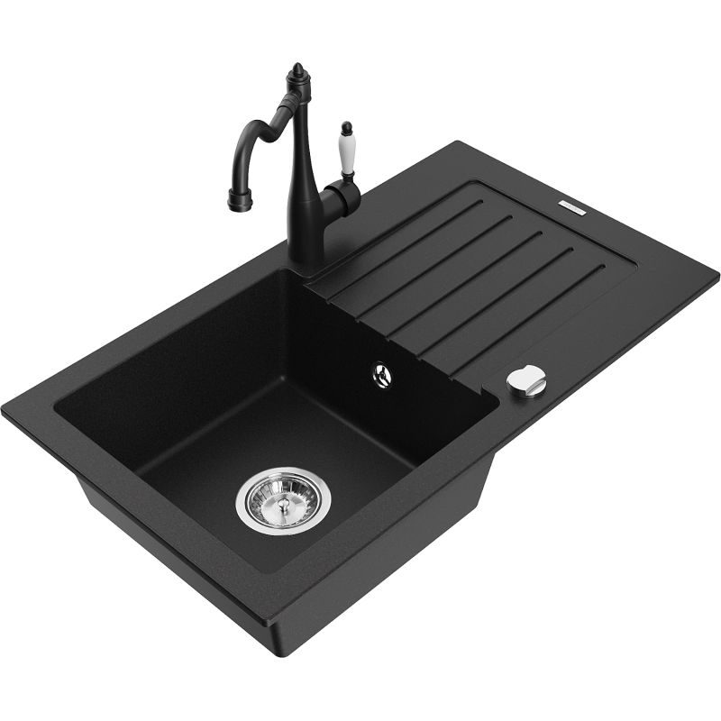 Zlewozmywak granitowy 1-komorowy Mexen Pablo z ociekaczem i baterią kuchenną Carla czarny nakrapiany - 6510-76-670700-76 1 szt.
