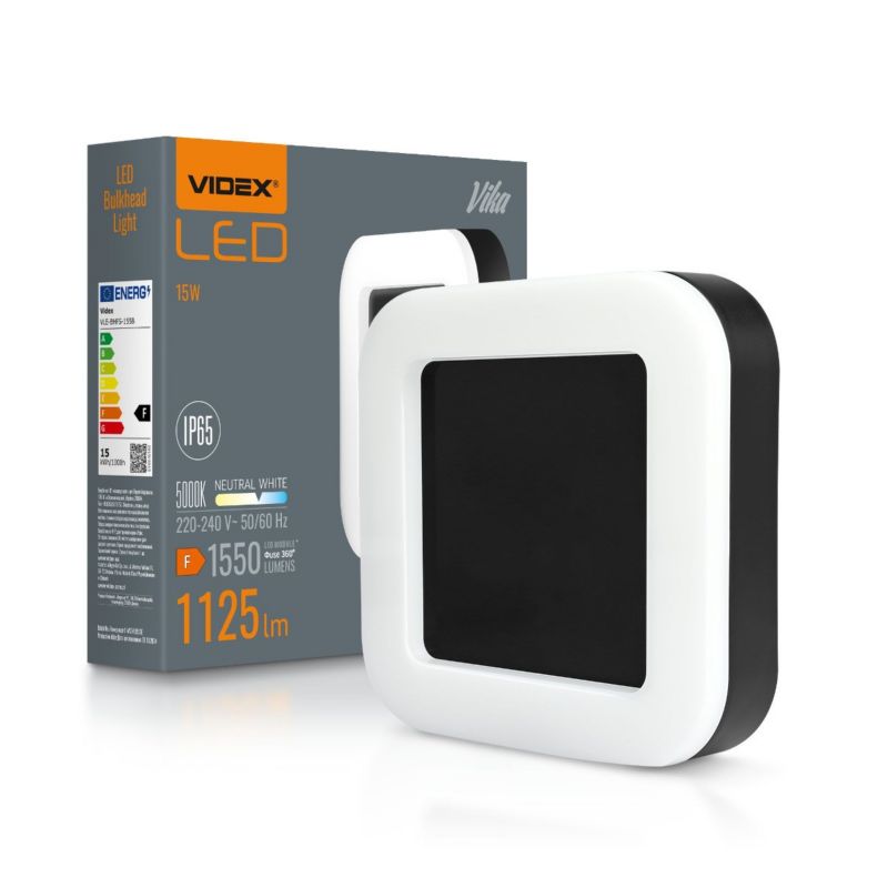 Kinkiet ścienny zewnętrzny Videx Vika czarny LED 15W 5000K 1550lm IP65 wym: 19 x 19 x 4,2 cm tworzywo sztuczne - 1 szt.