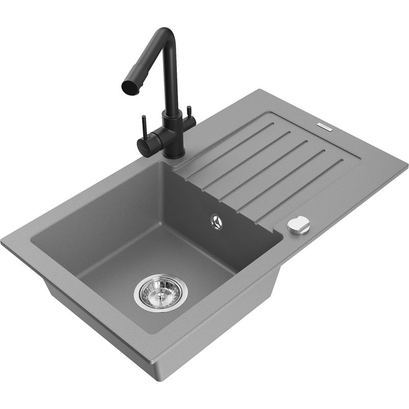 Zlewozmywak granitowy 1-komorowy Mexen Pablo z ociekaczem i baterią kuchenną Duero szary 6510-71-671600-70