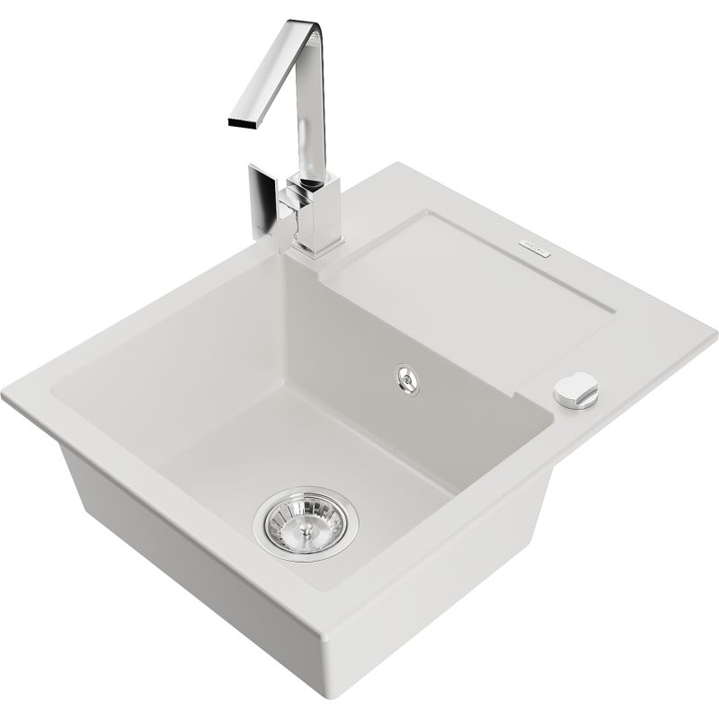 Zlewozmywak granitowy 1-komorowy Mexen Enzo z ociekaczem i baterią kuchenną Rita biały 6506-20-670300-00