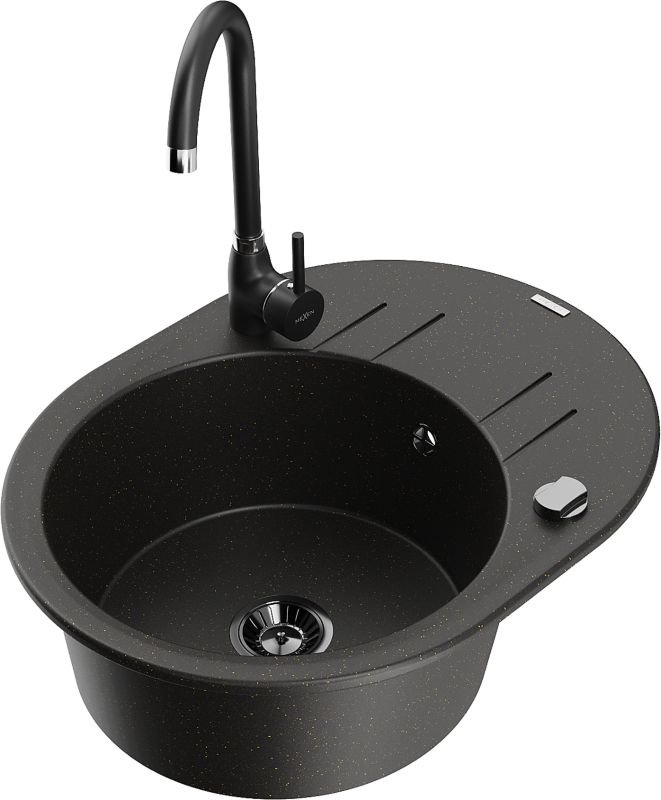 Zlewozmywak granitowy Mexen Leo 1-komorowy z ociekaczem i baterią kuchenną Aster czarny/złoty - 6501-75-73450-70-B 1 szt.