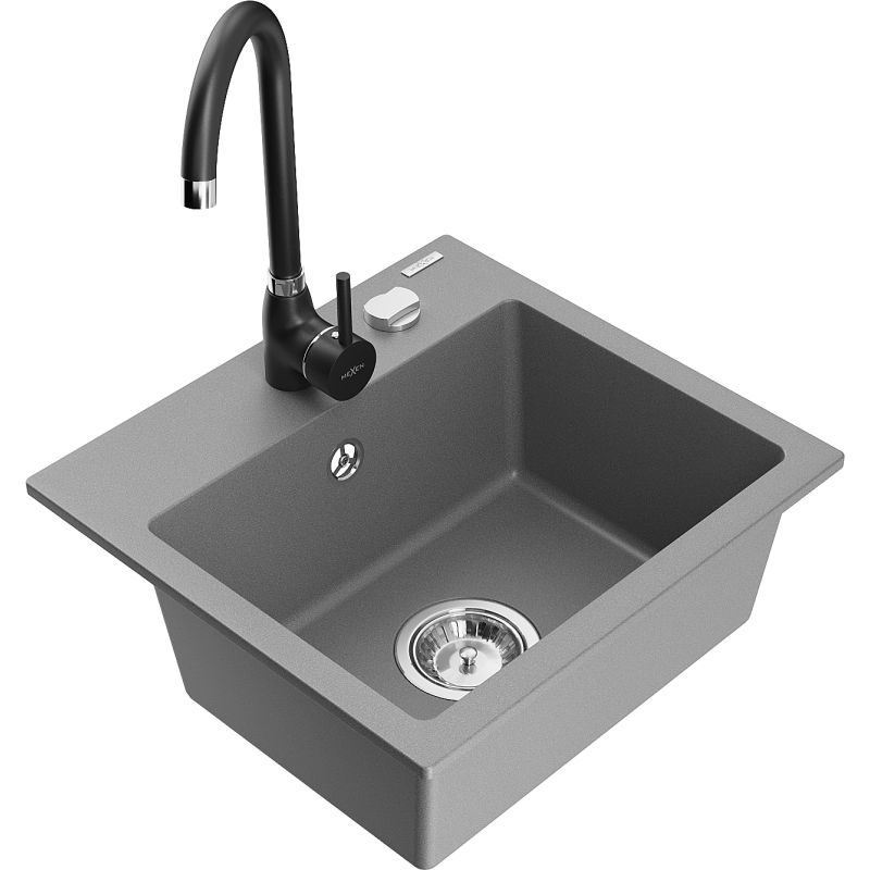 Zlewozmywak granitowy 1-komorowy Mexen Milo z baterią kuchenną Telma szary 6505-71-670200-70