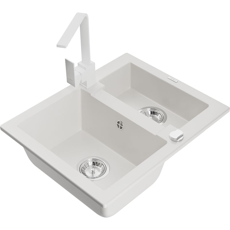 Zlewozmywak granitowy 1.5-komorowy Mexen Carlos z baterią kuchenną Rita biały 6518-20-670300-20