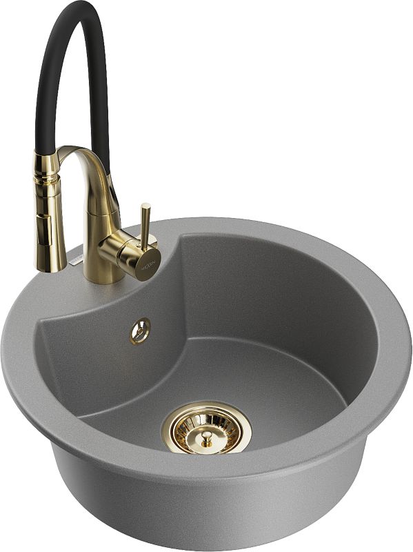 Zlewozmywak granitowy Mexen Diego 1-komorowy z baterią kuchenną Aster szary 6512-71-73450-57-G